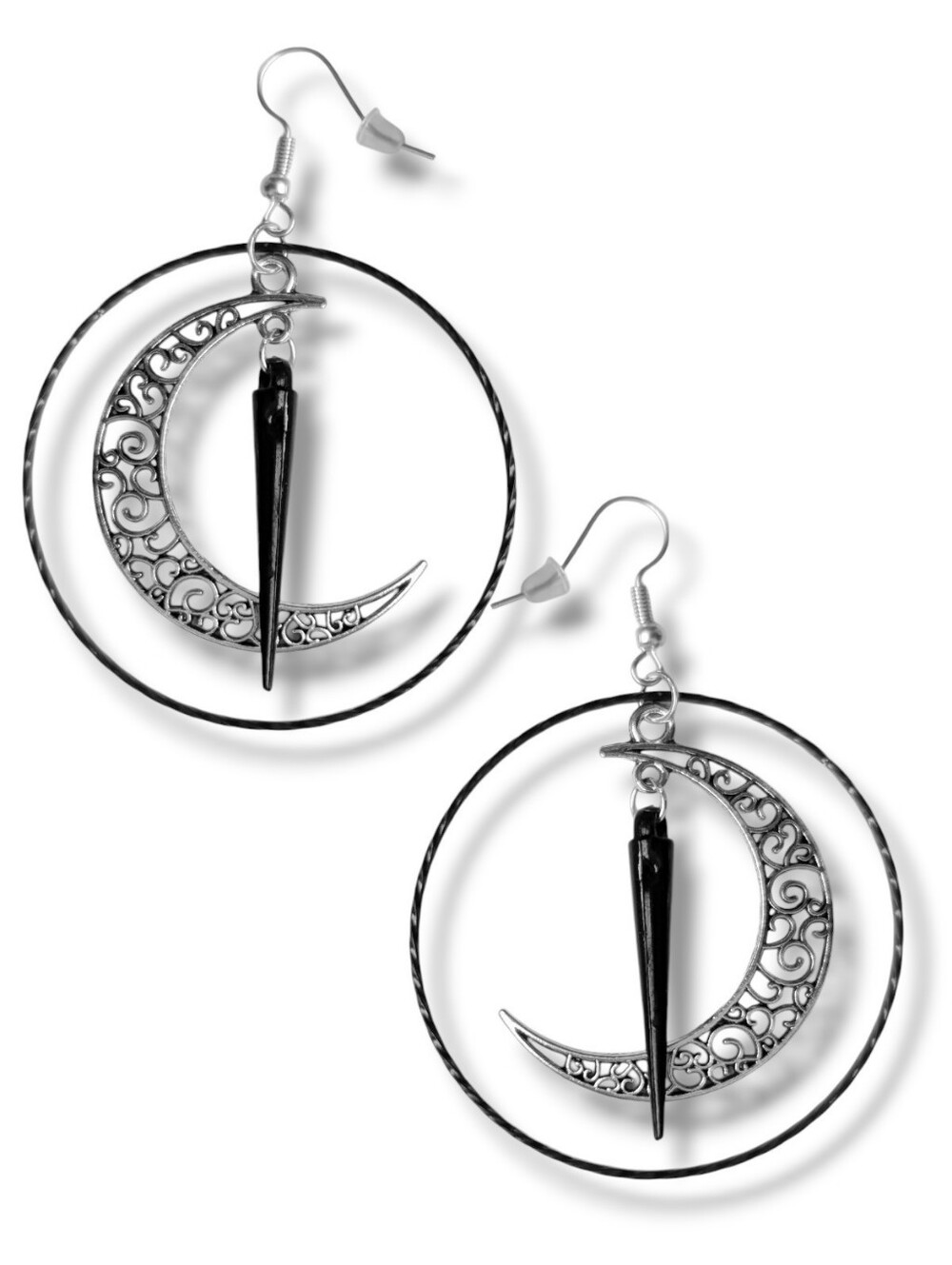 NWT Handmade Silver Filigree Crescent Moon Black Spike and Hoop Earrings